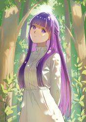  1girl absurdres arms_behind_back bright_pupils camus_(luthfancamus) closed_mouth commentary cowboy_shot dress fern_(sousou_no_frieren) forest half_updo highres long_hair long_sleeves looking_at_viewer nature purple_hair sidelocks solo sousou_no_frieren violet_eyes white_dress white_pupils 