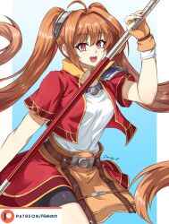  1girl ahoge antenna_hair armor blue_background bo_staff border breasts brown_gloves brown_hair cropped_jacket eiyuu_densetsu english_commentary estelle_bright fgsketch fingerless_gloves floating_hair gloves hair_intakes highres holding holding_staff holding_weapon long_hair looking_at_viewer medium_breasts open_mouth patreon_logo patreon_username pauldrons red_eyes short_sleeves shoulder_armor simple_background single_pauldron smile solo sora_no_kiseki staff twintails two-tone_background upper_body very_long_hair weapon white_border 