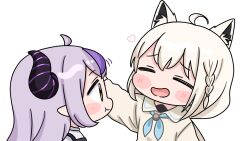  2girls :d :t ahoge animal_ear_fluff animal_ears blue_neckerchief blush_stickers brown_eyes brown_hair brown_shirt chibi closed_eyes closed_mouth collared_shirt demon_horns eating fox_ears grey_hair heart highres hololive horns la+_darknesss long_hair long_sleeves low_ponytail mochimiko multicolored_hair multiple_girls neckerchief ponytail puffy_long_sleeves puffy_sleeves purple_hair shirakami_fubuki shirt simple_background smile streaked_hair virtual_youtuber white_background white_shirt 