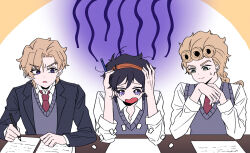  3boys black_hair black_jacket braid braided_ponytail commentary_request crying giorno_giovanna green_eyes grey_sweater_vest hairband hands_on_own_head holding holding_pencil jacket jojo_no_kimyou_na_bouken loose_hair_strand male_focus meme messy_hair multiple_boys narancia_ghirga necktie not_like_this_(meme) open_mouth orange_hairband pannacotta_fugo paper pencil red_necktie school_uniform shirt single_braid sleeves_rolled_up sweater_vest tears toubun_teikou vento_aureo violet_eyes white_shirt writing 