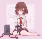  bad_id barefoot blush brown_eyes brown_hair collar controller fatal_frame fatal_frame_3 game_controller hair_ornament hinasaki_miku long_hair playing_games playstation_2 school_uniform skirt sleeves_rolled_up solo vader_(n.r.t.a.) 