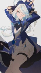  1girl ahoge arms_up ascot black_ascot black_gloves black_shirt blue_bow blue_eyes blue_gemstone blue_hair blue_hat blue_jacket blue_pupils blue_sash bow buttons closed_mouth cowboy_shot drop-shaped_pupils english_commentary eyes_visible_through_hair floating_hair furina_(genshin_impact) gem genshin_impact gloves hair_between_eyes hands_on_headwear hat hat_ornament heikokuru1224 highres huge_ahoge jacket jewelry lapels long_hair long_sleeves looking_at_viewer low_twintails multicolored_hair open_clothes open_jacket pendant sash shirt short_shorts shorts simple_background smile solo standing symbol-shaped_pupils thigh_strap top_hat twintails two-tone_hair unfinished vest white_background white_hair white_shorts white_vest 