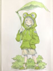  1girl animal_hood blonde_hair blue_eyes boots brown_pants bush closed_mouth commentary drawstring frog_hood full_body green_boots green_hoodie hand_in_pocket hand_up highres holding holding_leaf hood hood_up hoodie leaf leaf_umbrella looking_at_viewer one_eye_closed original pants peter_salt short_hair smile solo standing traditional_media 