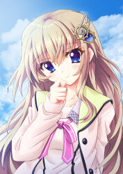  1girl 9-nine- blue_eyes blue_sky blush bow bowtie brown_hair buttons cardigan clenched_hand closed_mouth clouds collarbone commentary_request day dress eyelashes eyes_visible_through_hair gear_hair_ornament hair_between_eyes hair_ornament hakusen_academy_school_uniform hand_up highres kujou_miyako long_hair looking_at_viewer open_cardigan open_clothes outdoors pink_bow pink_bowtie pink_cardigan school_uniform sky sleeves_past_wrists smile solo split_mouth star_(symbol) star_print tatuo_labo upper_body very_long_hair white_dress wing_hair_ornament 