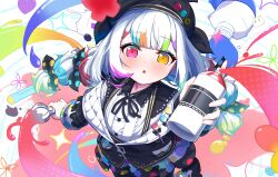  1girl :o absurdres black_hat black_ribbon blunt_bangs blush buttons colored_tips commentary_request eyelashes hair_ribbon hat hat_ornament heterochromia highres holding holding_paintbrush holding_spray_can jogasaki_noah long_hair long_sleeves mahou_shoujo_no_majo_saiban mayou940114 multicolored_hair neck_ribbon open_mouth paint paint_tube paintbrush pink_eyes polka_dot polka_dot_ribbon ribbon solo spray_can spray_paint spraying twintails white_hair yellow_eyes 