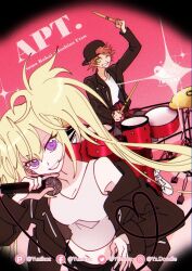  1boy 1girl apt._(rose_&amp;_bruno_mars) black_jacket chinese_commentary commentary_request drum drum_set drumsticks facebook_username green_eyes hair_between_eyes hand_on_own_hip highres holding holding_drumsticks holding_microphone hoshina_utau instagram_username instrument jacket looking_at_viewer microphone short_hair shugo_chara! sitting smile song_name souma_kuukai sparkle tank_top twintails twitter_username violet_eyes yuzikoz_mega 