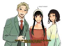  1boy 2girls bisexual_female black_hair blonde_hair blush english_text green_suit hairband highres husband_and_wife justana long_hair melinda_desmond multiple_girls necktie red_necktie red_sweater short_hair spy_x_family subtitled suit sweatdrop sweater twilight_(spy_x_family) white_background white_hairband yor_briar yuri 