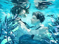  1boy 1girl air_bubble black_hair black_necktie black_pants blue_eyes bubble closed_eyes highres looking_at_another mori_hisato necktie original pants plant reflection reflective_water shirt short_hair smile tanabata underwater white_shirt 