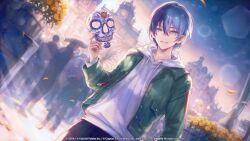  1boy aoyagi_touya bibimbub blue_hair blue_pants blurry blurry_background calavera cempoalxochitl commentary copyright_notice crossed_bangs depth_of_field dia_de_muertos dot_nose drawstring dutch_angle english_commentary falling_petals flower green_jacket grey_eyes guest_art hair_between_eyes hand_up highres holding holding_mask hood hood_down hoodie jacket lens_flare long_sleeves looking_at_viewer male_focus mask mexico mexico_city mole mole_under_eye multicolored_hair official_art open_clothes open_jacket outdoors pants parted_lips petals project_sekai second-party_source short_hair sidelocks simple_bird sky smile solo_focus split-color_hair standing two-tone_hair upper_body very_short_hair white_hoodie yellow_flower 