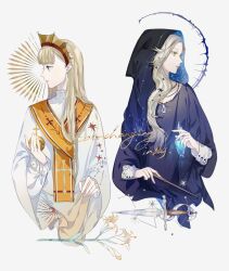  2girls bead_necklace beads black_hood blonde_hair blue_eyes blue_robe blunt_bangs chinese_commentary collarbone color_contrast constellation_print crescent_print cropped_torso cross cross_patty cross_tie crown cuff_links dagger english_text flower frilled_shirt_collar frilled_sleeves frills globus_cruciger hair_behind_ear hair_ornament highres holding holding_globus_cruciger holding_orb holding_vial holding_wand hood hood_up jewelry knife lily_(flower) long_hair long_sleeves looking_to_the_side multiple_girls necklace orange_scarf original parted_bangs parted_lips pendant pink_lips profile refraction robe sanmen scarf shirt side-by-side simple_background sleeve_cuffs star_(symbol) star_hair_ornament starry_sky_print straight_hair sunburst two-sided_fabric vial wand wavy_hair weapon white_background white_flower white_lily white_robe white_shirt wide_sleeves yellow_eyes 