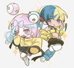  2girls bee_(dtlkdt) black_hair black_pants blonde_hair blue_hair blue_pants blush_stickers bow-shaped_hair canari_(pokemon) chibi chibi_only crop_top full_body highres iono_(pokemon) jacket long_hair long_sleeves looking_at_another mask_pull multicolored_hair multiple_girls navel off_shoulder one_eye_closed open_mouth pants pink_eyes pink_hair pokemon pokemon_legends:_z-a pokemon_sv sharp_teeth short_hair sleeves_past_fingers sleeves_past_wrists split-color_hair teeth two-tone_hair two-tone_pants upper_teeth_only violet_eyes white_background yellow_jacket 