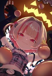 1girl akira_woz arm_strap arms_up bare_shoulders belt belt_buckle black_arm_warmers black_belt black_collar blunt_bangs buckle chain chain_necklace closed_mouth collar collarbone colored_inner_hair crop_top cross-laced_clothes cross-laced_top dutch_angle ear_cuffs fangs fangs_out fingerless_gloves flat_chest from_below gloves grey_hair hair_bobbles hair_intakes hair_ornament half-closed_eyes highres holding holding_pumpkin jack-o&#039;-lantern jewelry looking_at_viewer makaino_ririmu makaino_ririmu_(6th_costume) midriff multicolored_hair navel necklace nijisanji no_headwear no_jacket pendant pink_hair pink_skirt pink_streaks plaid_clothes plaid_skirt pleated_skirt pointy_ears pumpkin red_eyes short_hair shoulder_tattoo skirt sleeveless smile solo spiked_collar spikes star_(symbol) star_hair_ornament streaked_hair studded_belt tattoo two-tone_hair two_side_up upper_body virtual_youtuber wolf_cut 