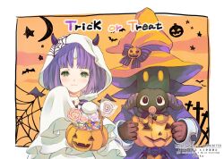  1boy 1girl :3 bat_(animal) black_mage_(final_fantasy) blue_coat border brown_gloves candy coat demon_horns eiko_carol final_fantasy final_fantasy_ix food gloves green_eyes halloween_bucket halloween_costume hat highres hood hood_up horns jack-o'-lantern light_blush lollipop moogle orange_background orange_hat parted_bangs purple_hair quichi_91 single_horn sleeves_past_fingers sleeves_past_wrists trick_or_treat twintails upper_body vivi_ornitier white_border wizard_hat yellow_eyes 