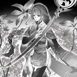  1girl alternate_costume artist_request beaten blunt_bangs braid bridal_gauntlets bruise bruise_on_face bruise_on_hand chinese_commentary clenched_hand commission electro_symbol_(genshin_impact) flower_ornament genshin_impact hair_ornament hair_ribbon highres holding holding_polearm holding_weapon injury japanese_clothes kimono long_braid looking_to_the_side mitsudomoe_(shape) mole mole_under_eye monochrome multicolored_hair outdoors parted_lips plant polearm raiden_shogun ribbon sash second-party_source shade single_braid sleeves_rolled_up solo standing streaked_hair thigh-highs tomoe_(symbol) upper_body weapon 