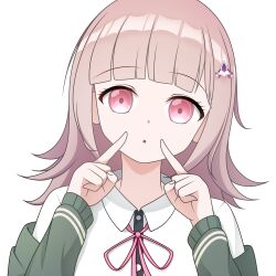  1girl :o absurdres brown_hair collared_shirt danganronpa_(series) danganronpa_2:_goodbye_despair flipped_hair hair_ornament highres index_finger_raised jacket long_sleeves looking_at_viewer medium_hair nanami_chiaki neck_ribbon off_shoulder open_clothes open_jacket pink_eyes pink_ribbon prismartic ribbon shirt solo white_shirt 