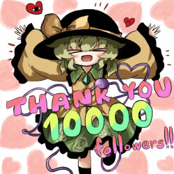 &gt;_&lt; 1girl black_boots black_hat blush boots bow buttons closed_eyes commentary_request contrast_collar diamond_button facing_viewer floral_print frilled_shirt_collar frills green_hair green_skirt hat hat_bow hat_ribbon heart heart_background heart_of_string heripantomorrow komeiji_koishi long_sleeves medium_hair milestone_celebration notice_lines open_mouth outstretched_arms print_skirt ribbon rose_print shirt skirt sleeves_past_wrists smile solo spread_arms standing standing_on_one_leg thank_you third_eye touhou white_background wide_sleeves yellow_bow yellow_ribbon yellow_shirt 