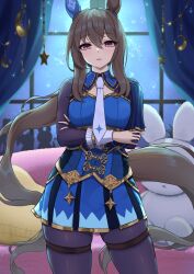  1girl absurdres admire_vega_(starry_nocturne)_(umamusume) admire_vega_(umamusume) animal_ears arms_under_breasts azuki_(azuki_azukki) black_gloves black_pantyhose blue_dress brown_hair commentary_request couch cowboy_shot crescent crossed_arms curtains cushion dress ear_covers fingerless_gloves gloves hair_between_eyes highres horse_ears horse_girl horse_tail long_hair long_sleeves looking_at_viewer pantyhose parted_lips single_ear_cover skindentation solo standing star_(symbol) stuffed_animal stuffed_rabbit stuffed_toy tail thigh_strap umamusume very_long_hair violet_eyes window 