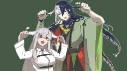  arch_bishop_(ragnarok_online) ashiya_douman_(fate) bell black_hair breasts commentary_request cosplay crossover datenshi_no_fu earrings fate/grand_order fate_(series) feathered_wings fingernails fujimaru_ritsuka_(female) fujimaru_ritsuka_(female)_(cosplay) green_background green_kimono green_nails grey_hair hair_bell hair_between_eyes hair_lift hair_ornament head_wings highres jacket japanese_clothes jewelry jingle_bell kimono long_hair looking_at_viewer magatama magatama_earrings medium_breasts multicolored_hair open_mouth ragnarok_masters ragnarok_online red_eyes sharp_fingernails sidelocks simple_background smile split-color_hair two-tone_hair white_jacket white_wings wings 