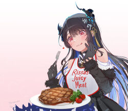  1girl :q absurdres asymmetrical_horns bib black_gloves black_hair black_horns black_sleeves blue_hair cauli colored_inner_hair dress_shirt food fur-trimmed_sleeves fur_trim gloves highres hololive hololive_english horns jailbird_(nerissa_ravencroft) long_hair meat multicolored_hair nerissa_ravencroft nerissa_ravencroft_(1st_costume) plate red_eyes shirt slit_pupils steak tomato tongue tongue_out virtual_youtuber white_shirt 