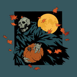  autumn autumn_leaves cloak death_(entity) falling_leaves food full_moon halloween happy_halloween highres holding holding_food holding_pumpkin holding_vegetable huge_moon leaf lil_tachyon long_sleeves looking_at_viewer maple_leaf moon moonlight nature night night_sky open_mouth original outdoors pumpkin skeleton skull sky solo vegetable 