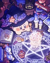  blush_stickers book bow candle candy commentary_request cupcake drooling food halloween harukui hat hat_bow highres invincible_candy kirby kirby_(series) lollipop mouth_drool open_book open_mouth pentagram purple_bow smile swirl_lollipop violet_eyes witch_hat 