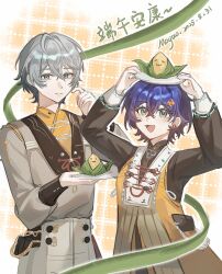  1boy 1girl :d absurdres alternate_costume belle_(zenless_zone_zero) black_shirt blue_eyes blue_hair brother_and_sister crossed_bangs dated grey_hair grey_jacket grey_pants hair_between_eyes highres jacket looking_up moyaoyaoyaoyao_r open_mouth pants procreate_(medium) shirt short_hair siblings smile tongue wise_(zenless_zone_zero) yellow_shirt zenless_zone_zero 