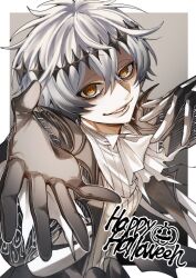  1boy ascot black_crown black_gloves crown diamond_hairband formal_clothes gloves halloween happy_halloween highres honeko_06 jacket long_sleeves looking_at_viewer male_focus missing_tooth pinstripe_jacket pinstripe_pattern pinstripe_suit pinstripe_vest short_hair skeleton skeleton_print skully_j._graves smile solo stitches striped_clothes striped_jacket striped_vest suit twisted_wonderland vertical-striped_clothes vertical-striped_jacket vertical-striped_vest vest white_hair 