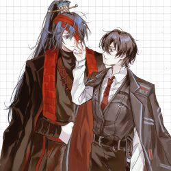  2boys bandage_over_one_eye bandaged_arm bandages belt black_bandages black_belt black_coat black_eyes black_hair black_hanfu black_pants black_vest blue_hair chinese_clothes coat coat_on_shoulders collared_shirt cowboy_shot family_hierarch_candidate_(identity)_(project_moon) grid_background hand_on_another&#039;s_cheek hand_on_another&#039;s_face hand_up hanfu high_ponytail highres hong_lu_(project_moon) lapels limbus_company long_hair long_sleeves looking_at_another male_focus multiple_boys necktie notched_lapels one_eye_covered pants ponytail project_moon red_bandage red_necktie shirt short_hair stole two-sided_coat two-sided_fabric very_long_hair vest white_shirt xiao_guan_(headdress) xiaorourose yi_sang_(project_moon) 