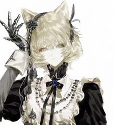  1girl animal_ear_fluff animal_ears apron beads black_bow black_bowtie black_dress black_ribbon blonde_hair bow bowtie brooch capekachuu cat_ears dress expressionless feather_hair_ornament feathers frills hair_ornament hand_up jewelry long_sleeves looking_at_viewer maid maid_apron mechanical_hands neck_ribbon necklace original pearl_necklace puffy_sleeves ribbon short_hair simple_background single_mechanical_hand sleeve_cuffs solo squinting upper_body white_background yellow_eyes 