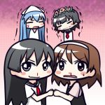  blood blue_eyes blue_hair blush_stickers brown_eyes brown_hair crossover fist_bump hairband hat head_wreath ikamusume itou_kanae long_hair moja_(gibson) nagatsuki_sanae nosebleed saten_ruiko seiyuu_connection seiyuu_joke shinryaku!_ikamusume short_hair to_aru_kagaku_no_railgun to_aru_majutsu_no_index trembling uiharu_kazari 