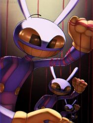  1boy animal_ears black_eyes colored_sclera colored_teeth dentures furry gloves grid_teeth jax_(the_amazing_digital_circus) llux_entz overalls pink_overalls puppet_strings rabbit_boy rabbit_ears red_overalls smile teeth the_amazing_digital_circus yellow_gloves yellow_sclera yellow_teeth 