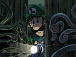  1boy black_eyes blue_overalls brown_hair cowboy_shot facial_hair green_hat green_shirt hat highres holding holding_lantern lantern long_sleeves looking_at_viewer luigi luigi&#039;s_mansion male_focus mustache open_door overalls parted_lips shirt solo super_mario_bros. teeth yamari_(ya_mari_6363) 