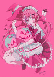  1girl absurdres apron bandaged_arm bandaged_leg bandages bow bowtie candy commentary dress english_commentary fingernails food food_in_mouth frilled_dress frills ghost halloween hat highres jack-o&#039;-lantern jewelry lollipop long_hair maid_headdress nail_polish omutatsu original pink_bow pink_bowtie pink_dress pink_eyes pink_nails pink_theme ring sharp_fingernails solo squatting torn_apron torn_clothes twintails twitter_username very_long_hair white_apron witch_hat wrapped_candy 