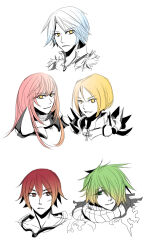  2girls 3boys armor blonde_hair blue_hair brown_eyes champion_(ragnarok_online) closed_mouth commentary_request green_eyes green_hair hair_over_one_eye long_hair looking_at_viewer minstrel_(ragnarok_online) multiple_boys multiple_girls paladin_(ragnarok_online) pauldrons pink_hair portrait ragnarok_online red_hair rune_knight_(ragnarok_online) short_hair shoulder_armor simple_background sixc smile white_background whitesmith_(ragnarok_online) yellow_eyes 
