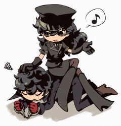  absurdres amamiya_ren black_gloves black_hair crossdressing cuffs gloves handcuffs highres joker_(persona_5) long_hair male_focus musical_note persona persona_5 persona_5:_dancing_star_night persona_dancing police police_uniform policewoman saichuu_(more1208) selfcest sigh sitting sitting_on_person spoken_musical_note 