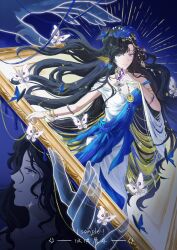  1girl absurdres black_hair blue_background blue_butterfly blue_dress bracelet bug butterfly crying crying_with_eyes_open dress floating_hair guocha_jia_zhenzhu hand_up highres isolde_(reverse:1999) jewelry long_hair multiple_views official_alternate_costume picture_frame reverse:1999 sample_watermark streaming_tears tears two-tone_dress very_long_hair violet_eyes watermark white_butterfly white_dress 