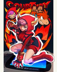  1girl absurdres blank_eyes boots breasts camerupt courtney_(pokemon) cowlick dress evil_grin evil_smile fake_horns fire full_body game_boy_advance gloves grin handheld_game_console highres hood hood_up hooded_vest hoodie horned_headwear horned_hood horns kornart large_breasts long_sleeves open_mouth pokemon pokemon_(creature) pokemon_oras purple_hair red_boots red_hood red_sweater red_vest ribbed_dress ribbed_sweater sharp_teeth short_hair smile solo_focus sweater sweater_dress team_magma team_magma_uniform teeth twitter_username vest violet_eyes 