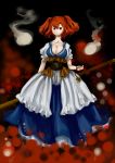  absurdres breasts cleavage coin dress ghost hair_bobbles hair_ornament highres large_breasts onozuka_komachi red_eyes red_hair redhead scythe shigureru smile solo touhou 