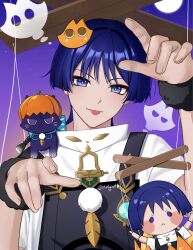  1boy anemo_symbol_(genshin_impact) animal_on_shoulder animalization aqua_gemstone black_overalls blunt_ends bright_pupils casual cat cat_on_shoulder character_doll contemporary curled_fingers doll eyeliner eyeshadow feathers fingernails fur_wrist_cuffs gem genshin_impact halloween halloween_costume hands_up head_tilt highres looking_at_viewer makeup male_focus marionette marionette_controller melyuuto official_alternate_costume outstretched_arms overalls person_and_animalization pom_pom_(clothes) pumpkin_hat puppet puppet_strings purple_background purple_cat purple_hair red_eyeliner red_eyeshadow scaramouche_(cat)_(genshin_impact) scaramouche_(genshin_impact) shirt short_sleeves straight-on tongue tongue_out tsurime twitter_username undershirt violet_eyes vision_(genshin_impact) wanderer_(genshin_impact) white_pupils white_shirt white_sleeves wispy_bangs wrist_cuffs yellow_feathers zombie_pose 