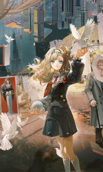  2girls ainimo5 ball beryl_bouanich bird bird_on_hand black_cloak blue_eyes blue_hairband building cloak collared_shirt cropped crystal_ball dove dress eiffel_tower grey_hair grey_shorts grey_sweater hairband hand_up highres holding holding_ball localized_gravity long_hair looking_at_another matilda_bouanich medium_hair mother_and_daughter multiple_girls necktie one_side_up people red_necktie reverse:1999 road shirt shorts smile socks standing street sweater white_bird white_dress white_shirt white_socks 