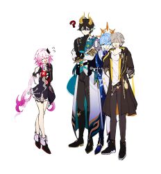  1girl 3boys arms_behind_back black_hair black_jacket blue_hair caelus_(honkai:_star_rail) commentary_request dan_heng_(honkai:_star_rail) dan_heng_(permansor_terrae)_(honkai:_star_rail) dragon_boy dragon_horns dragon_tail dress evernight_(honkai:_star_rail) flower gauntlets gloves grey_hair hadanugi_dousa halo head_wings hiding hiding_behind_another highres honkai:_star_rail honkai_(series) horns jacket layered_dress long_hair march_7th_(honkai:_star_rail) multiple_boys pants pink_hair sakae_0_0 shirt shoes sunday_(honkai:_star_rail) tail trailblazer_(honkai:_star_rail) very_long_hair white_background wings 