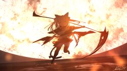  1girl animal_ears bow cat_ears demon fantasy halloween highres holding holding_scythe holding_weapon landscape long_hair miniskirt moon original red_bow rune_xiao scenery scythe signature skirt thigh-highs weapon 