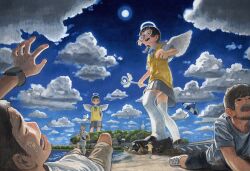  2girls 4boys absurdres angel angel_wings beach beard black_shoes blue_skirt blue_sky braid chinstrap_beard clouds colored_pencil_(medium) crocs facial_hair giant giantess glasses halo highres holding holding_wand multiple_boys multiple_girls nekojarashi_(yuuga) open_mouth original outdoors pleated_skirt round_eyewear running shoes short_sleeves skirt sky sun sweat sweater_vest thigh-highs traditional_media twin_braids wand water white_thighhighs wings yellow_sweater_vest 