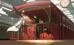  2boys absurdres against_railing analog_clock black_coat black_hair black_shirt black_wings clock coat day feathered_wings from_below full_body highres indoors kim_dokja knees_up looking_at_another ma_someru male_focus multiple_boys official_alternate_costume omniscient_reader&#039;s_viewpoint on_railing open_clothes open_coat popped_collar railing shirt short_hair sitting sunlight train_station white_coat wind wind_lift wings yoo_joonghyuk 