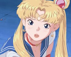  1girl bishoujo_senshi_sailor_moon blonde_hair blue_eyes blue_sailor_collar choker circlet close-up commentary_request crescent crescent_earrings dkswodbs96 double_bun earrings hair_bun hair_over_shoulder heart heart_choker highres jewelry lips long_hair magical_girl meme parted_bangs red_choker sailor_collar sailor_moon sailor_moon_redraw_challenge_(meme) sailor_senshi_uniform solo sweat tile_floor tiles twintails upper_body 