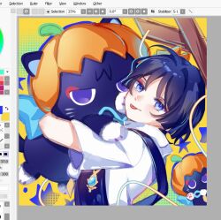  1boy ahoge alternate_costume anemo_symbol_(genshin_impact) black_cat blue_eyes blue_hair cat collared_shirt genshin_impact hair_between_eyes halloween hana97_58 jack-o&#039;-lantern looking_at_viewer male_focus open_mouth pumpkin scaramouche_(cat)_(genshin_impact) scaramouche_(genshin_impact) shirt short_hair smile solo star_(symbol) tongue tongue_out upper_body vision_(genshin_impact) wanderer_(genshin_impact) 