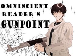  1boy :d assault_rifle black_hair black_shirt coat english_text flower grin gun highres holding holding_gun holding_weapon kim_dokja looking_to_the_side ma_someru male_focus omniscient_reader&#039;s_viewpoint open_clothes open_coat parody popped_collar rifle rose shirt short_hair smile solo title_parody weapon white_coat 
