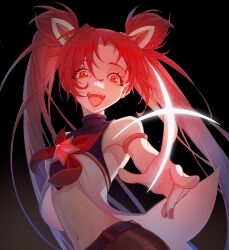  1girl absurdly_long_hair armband armpits bare_arms bare_shoulders belt black_background black_belt black_shirt blue_hair bow bowtie brooch chinese_commentary clothing_cutout commentary_request cowboy_shot dot_nose double_bun endoftheworld600 eyelashes gem gradient_hair hair_between_eyes hair_bun hair_ornament happy highres jewelry jinx_(league_of_legends) league_of_legends light_particles long_hair looking_at_viewer magical_girl multicolored_hair nail_polish navel official_alternate_costume open_mouth parted_bangs pleated_skirt red_armband red_bow red_bowtie red_eyes red_gemstone red_hair red_nails red_skirt shirt simple_background skirt slashing sleeveless sleeveless_shirt smile solo star_brooch star_guardian_(league_of_legends) star_guardian_jinx stomach stomach_cutout tailcoat teeth turtleneck turtleneck_shirt twintails two-tone_hair two-tone_shirt upper_teeth_only very_long_hair white_shirt 