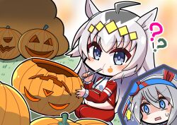  2girls absurdres ahoge animal_ears big_belly blue_eyes blue_hairband blush chibi chibi_only closed_mouth drinking drinking_straw drinking_straw_in_mouth ear_covers ear_ornament food food_on_face glutton grey_hair hair_between_eyes hair_ornament hairband headband highres horse_ears horse_girl jack-o&#039;-lantern jacket long_hair long_sleeves midriff multicolored_hair multiple_girls navel nawaneko_(ropecat3978) oguri_cap_(umamusume) open_mouth pants pumpkin red_headband red_jacket red_pants red_track_suit stomach striped_clothes striped_hairband sweatdrop tamamo_cross_(umamusume) tracen_training_uniform track_jacket track_pants track_suit umamusume very_long_hair 