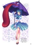  :p absurdres ahoge aqua_hair arm_ribbon crop_top geta heterochromia highres karakasa_obake long_sleeves long_tongue midriff no_socks pleated_skirt red_eyes sayori short_hair skirt sleeves_past_wrists solo tatara_kogasa tongue touhou translated umbrella urameshiya wink 